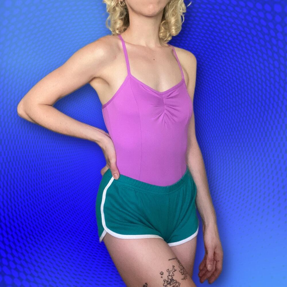 Vintage one piece swimsuit low back purple pink Barbie, size S
